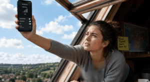 Woman struggling with mobile network signal problem