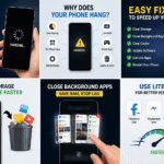 Mobile hanging problem infographic showing causes and easy fixes to speed up Android phone performance