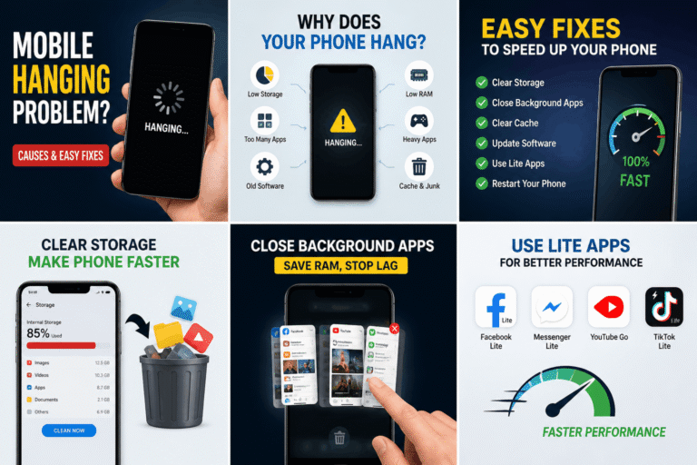 Mobile hanging problem infographic showing causes and easy fixes to speed up Android phone performance
