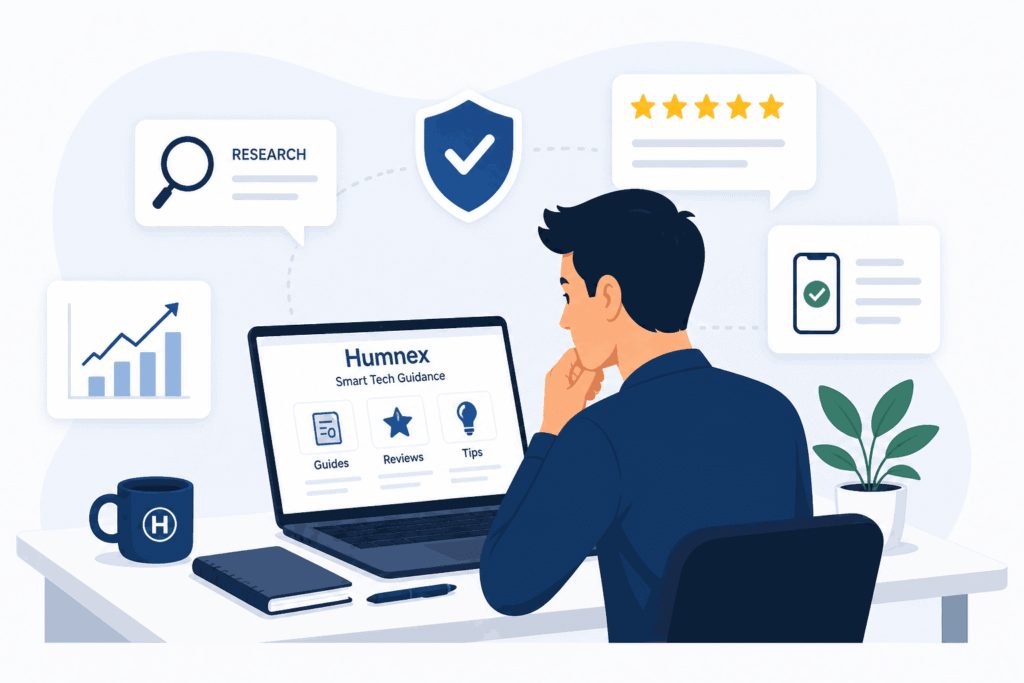 Modern illustration of a person using laptop for trusted tech tips and mobile guidance