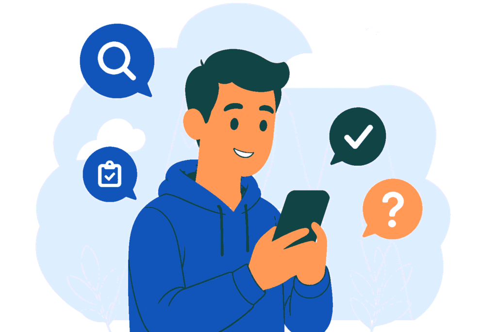 Person using smartphone with icons showing tech tips, search, and digital solutions in a modern illustration