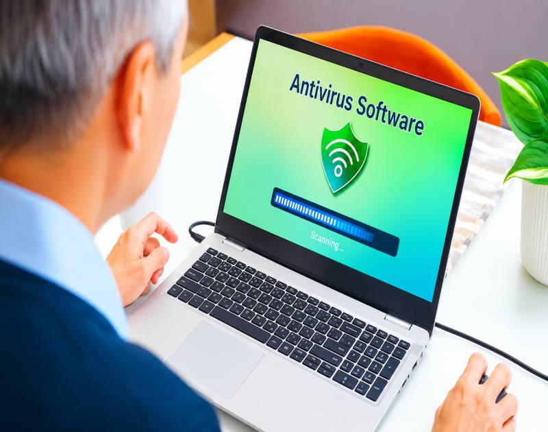 man using a laptop with antivirus software