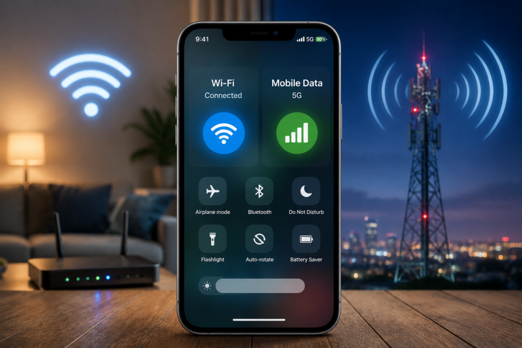 A modern smartphone showing both WiFi and 5G mobile data icons side by side, screen comparison
