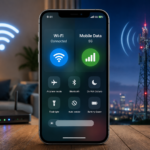 A modern smartphone showing both WiFi and 5G mobile data icons side by side, screen comparison